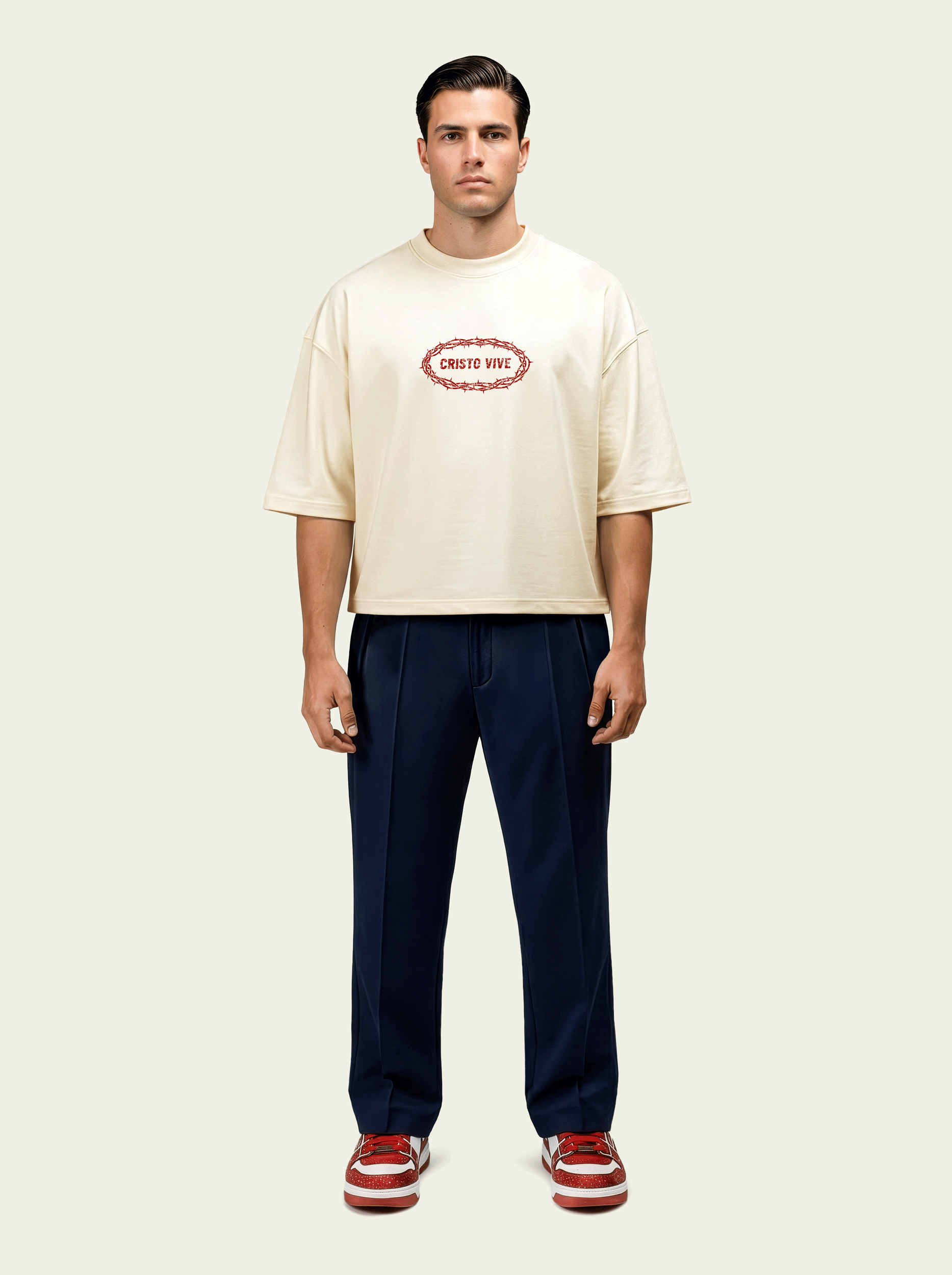 280gsm Cropped Cristo Vive (Front) Print (Off White)